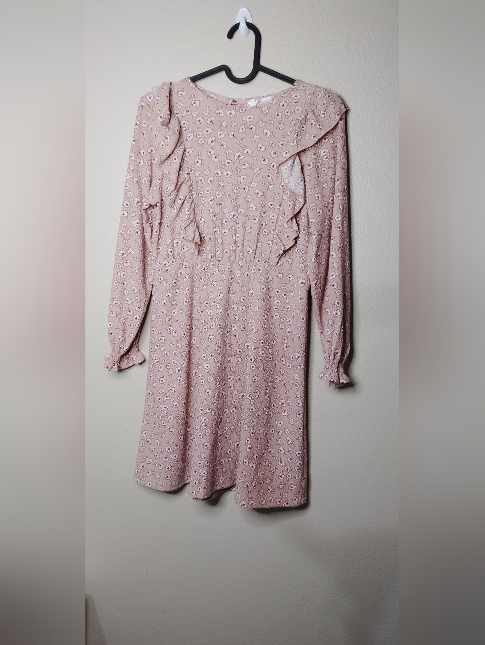 Girls Pink Floral Ruffle Long-Sleeve Dress